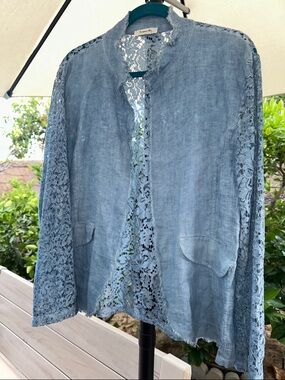 European Chic Air Force Blue Lace-Detail Open Front Linen/Cotton Blazer Jacket L